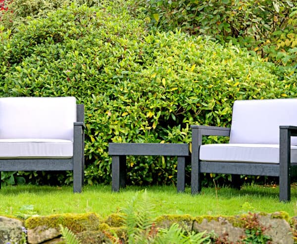 Derbyshire Chairs with arms and table in Black from the right